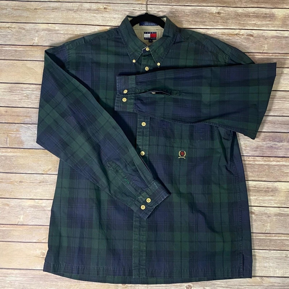 VTG Rare 90s Tommy Hilfiger Crest Logo Button Down Shirt XL Black Watch Plaid